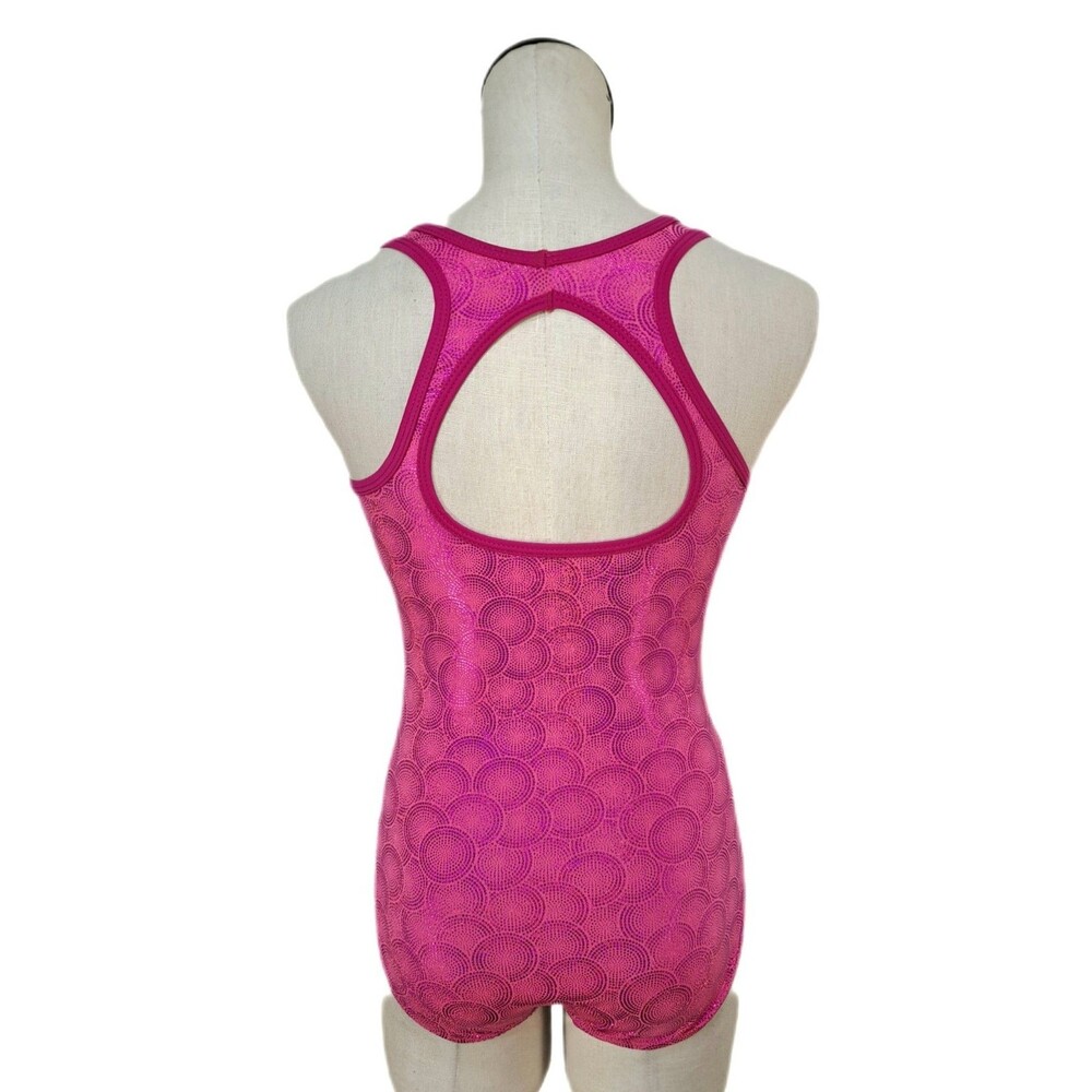 Satara VTG Barbie Pink Foiled Circles Racerback Leotard Open Back Keyhole Sz AL - Picture 5 of 15